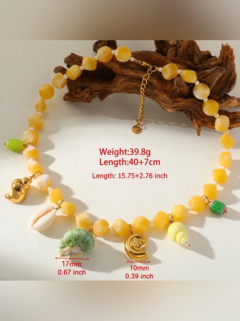 Yellow Shell Charm Beaded Necklace - Women Beach Jewelry - Picture 4 of 5